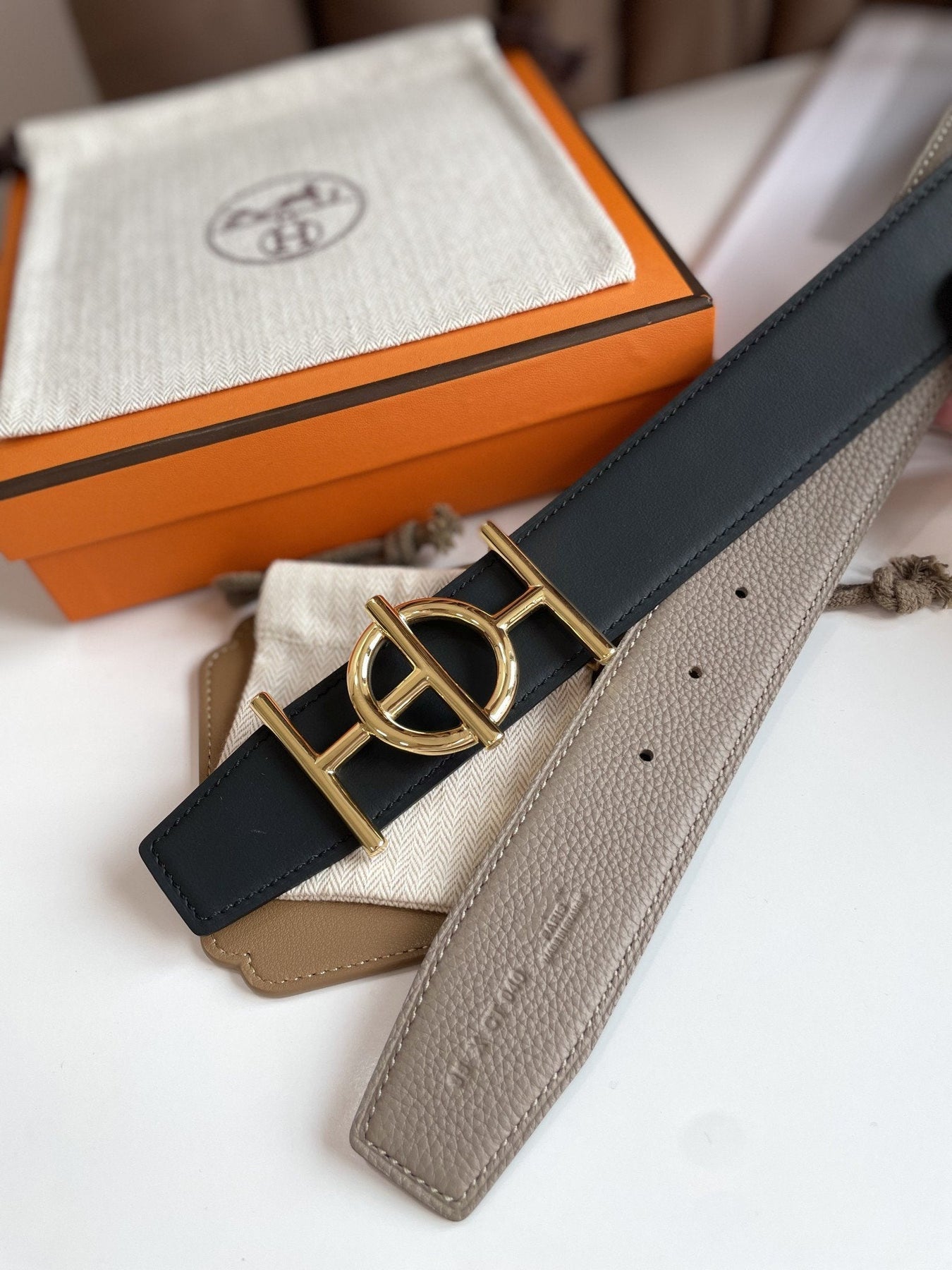 H ULYSSE BELT 38MM GOLD BUCKLE BLACK ETOUPE LEATHER
