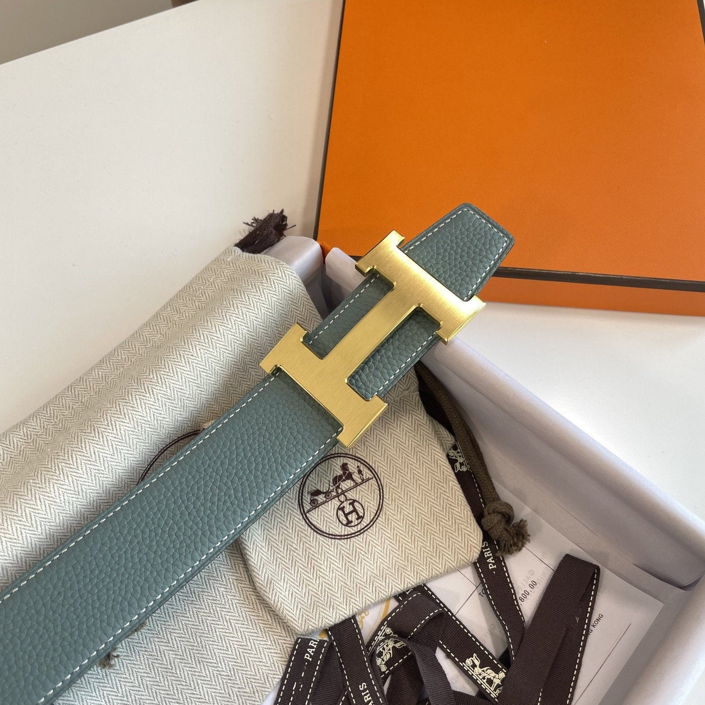 H CONTANCE BELT 38MM GOLD BUCKLE BLACK SKY BLUE LEATHER