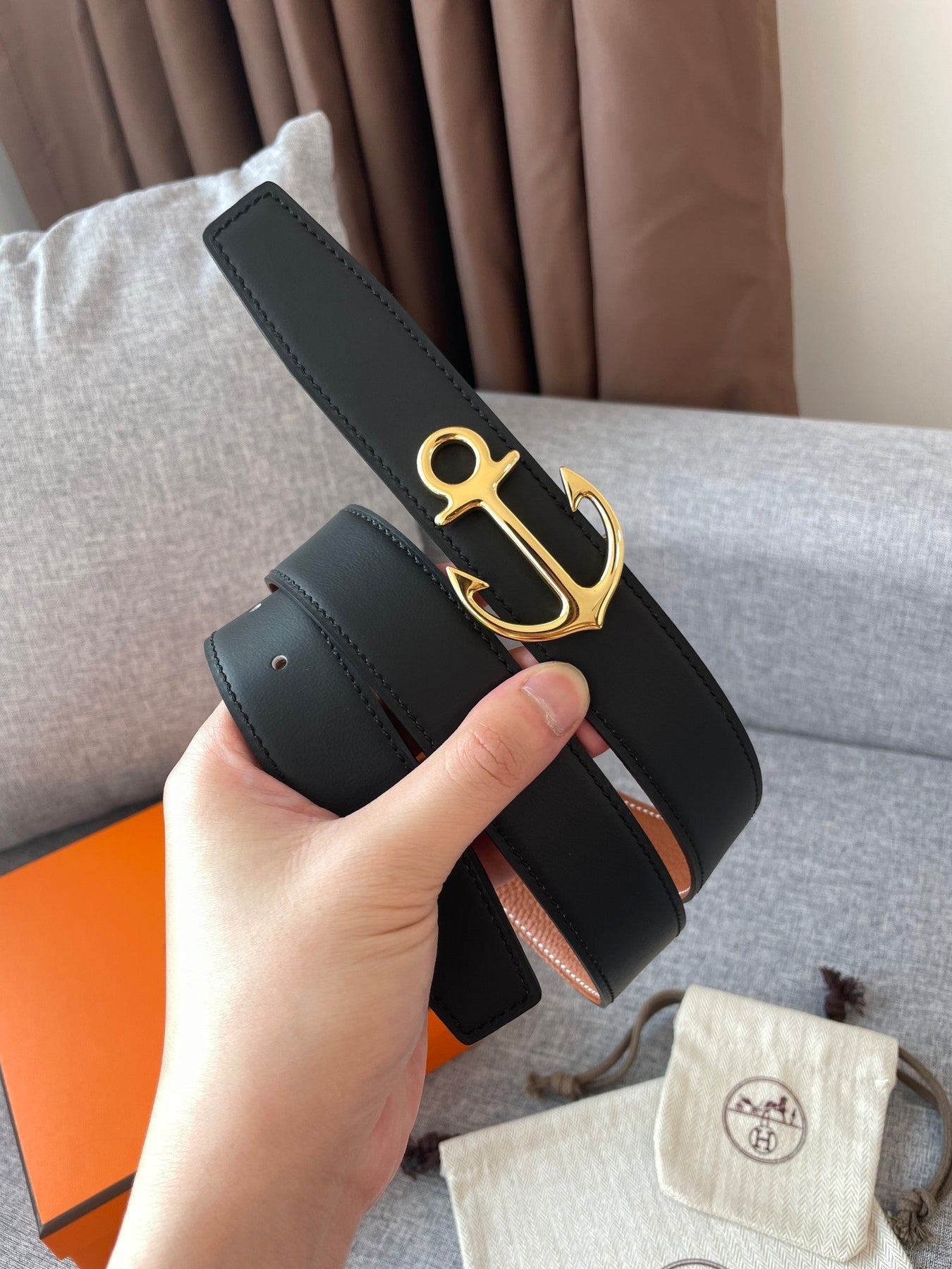 H CARGO BELT 32MM BROWN BLACK LEATHER