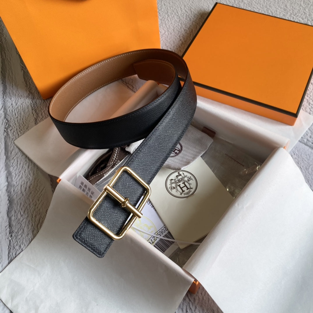 H BELT GOLD BUCKLE BROWN BLACK LEATHER RIVERSIBLE 3.8CM