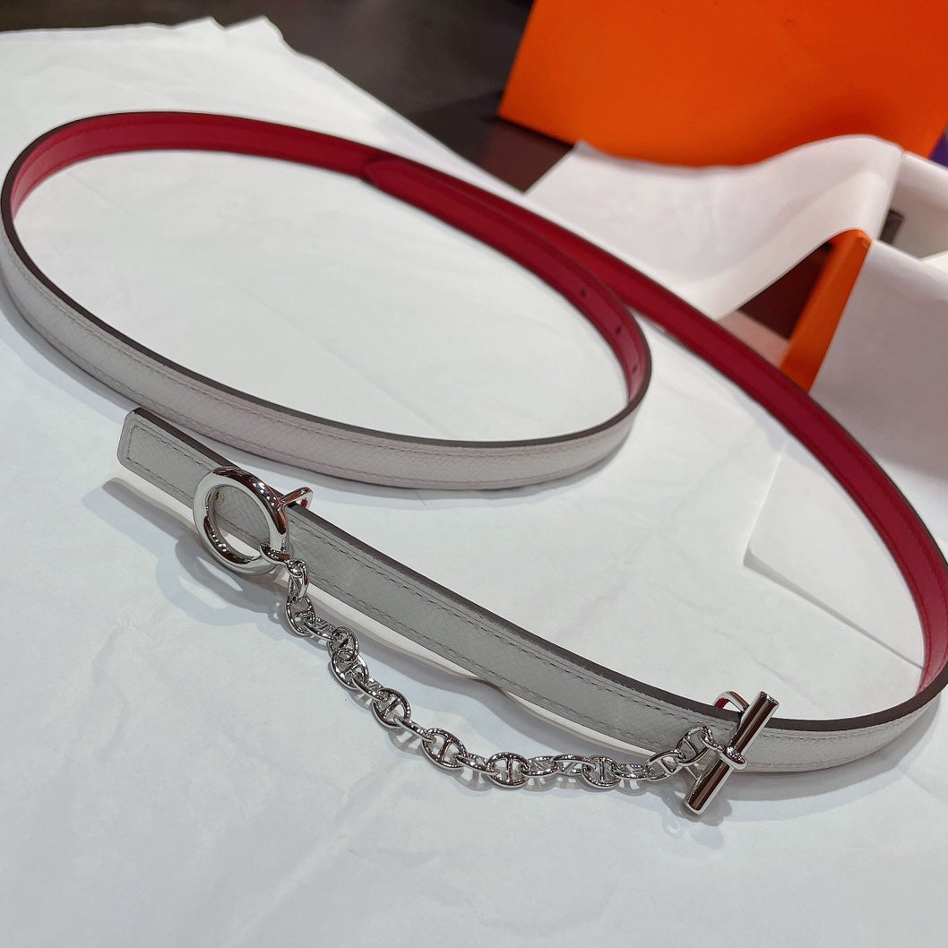 H SILVER BUCKLE WOMEN'S BELT WHITE RED LEATHER STRAP 1.3CM