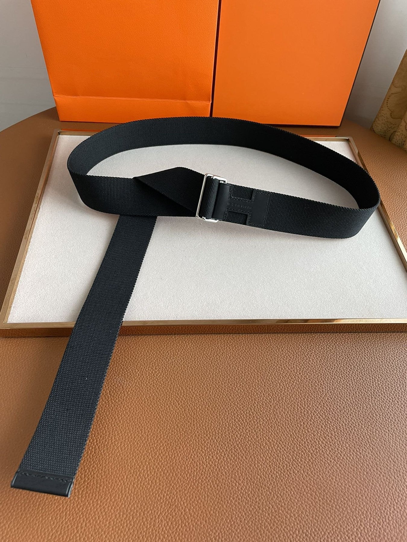 4.0CM BLACK TEXTILE BLACK LEATHER H BELT