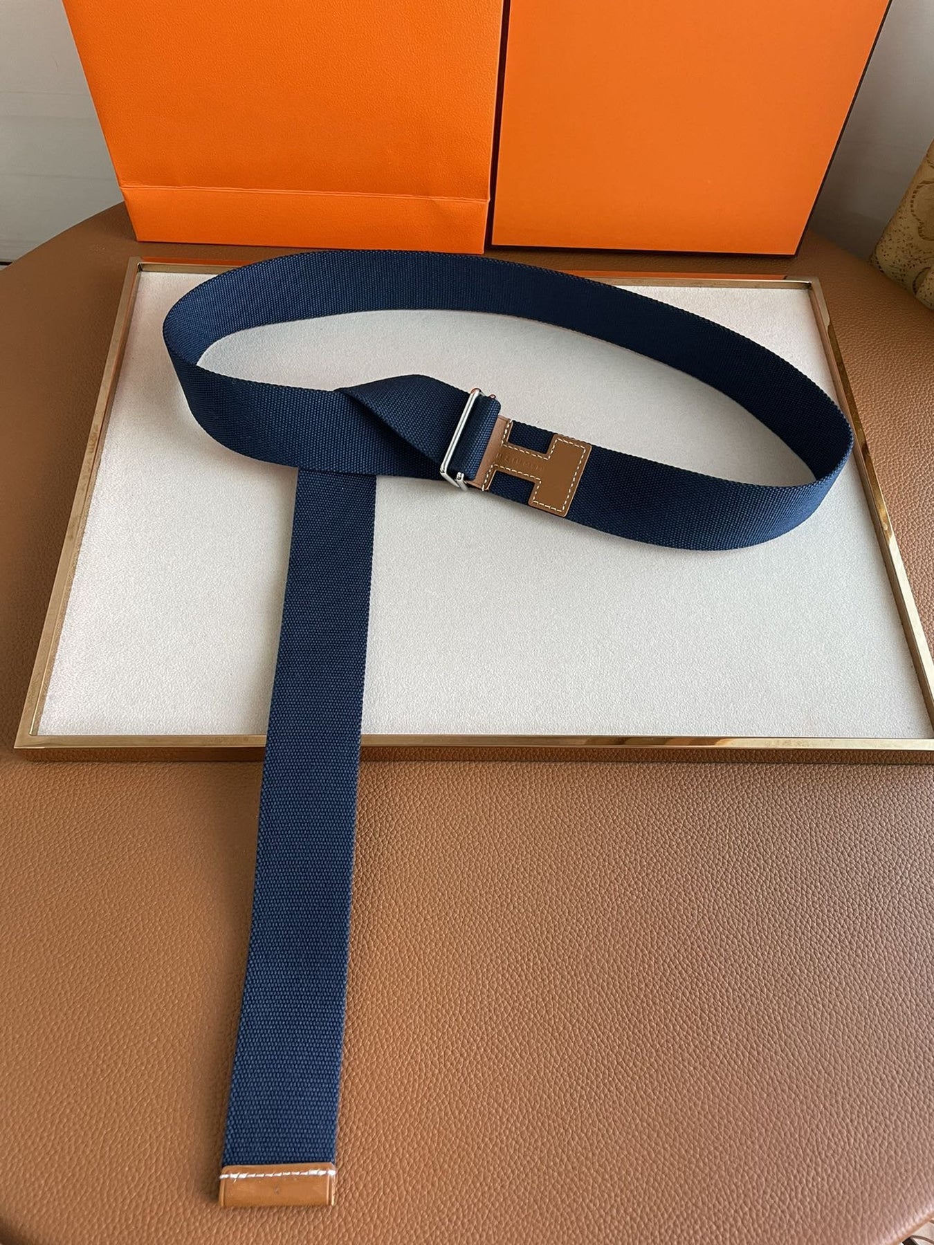 4.0CM BLUE TEXTILE BROWN LEATHER H BELT