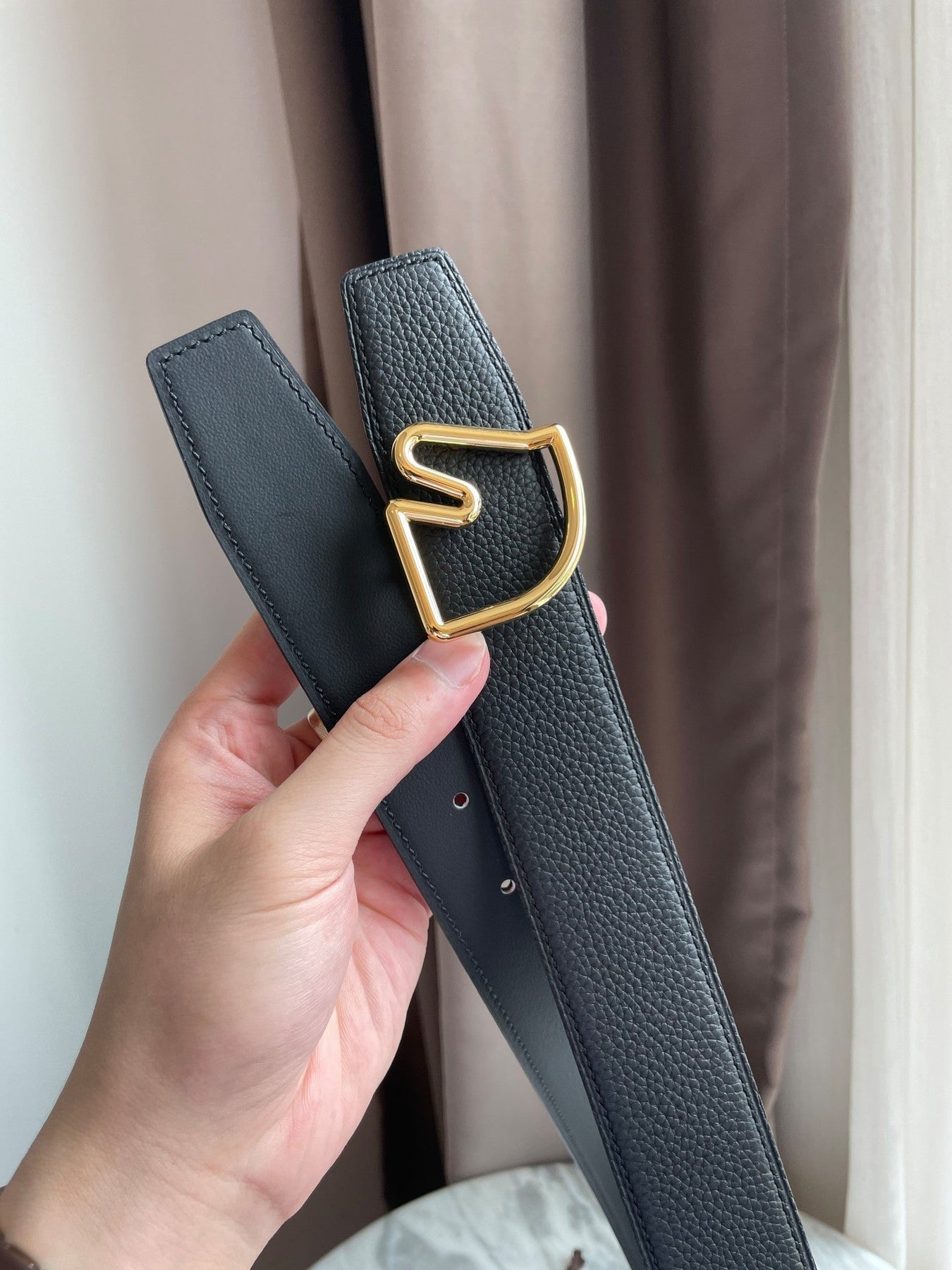 H BELT HORSE BUCKLE BLACK LEATHER REVERSIBLE 3.8CM