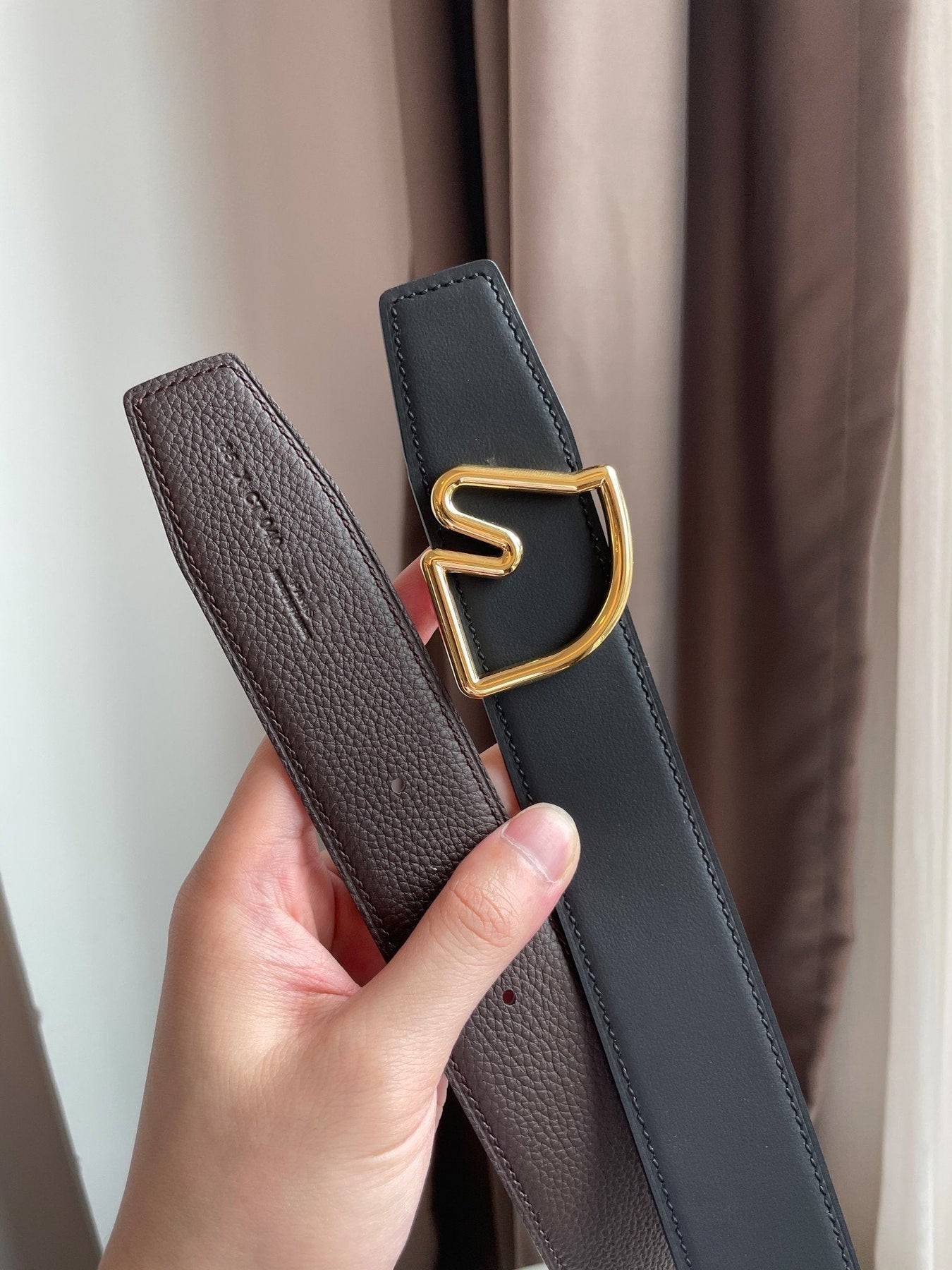 H BELT HORSE BUCKLE DARK BROWN BLACK LEATHER REVERSIBLE 3.8CM