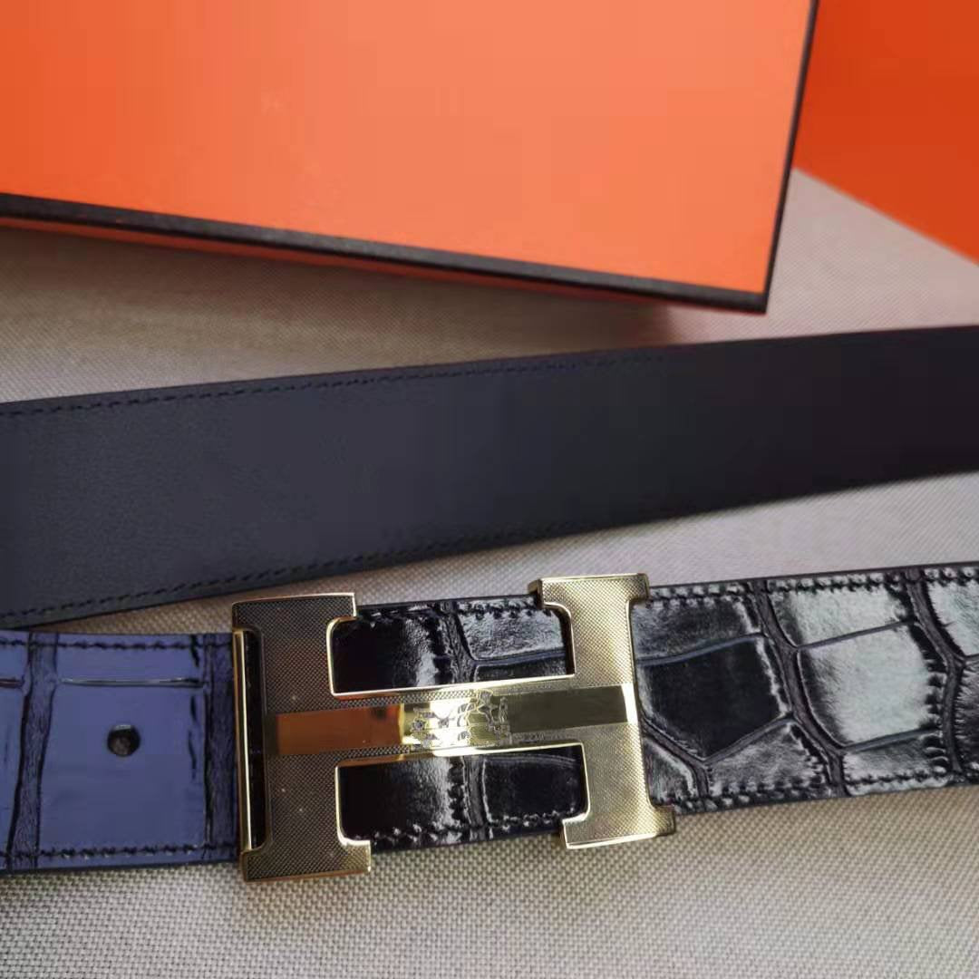 H BELT STEEL BUCKLE CROCODILE-PATTERNED BLACK LEATHER 40MM