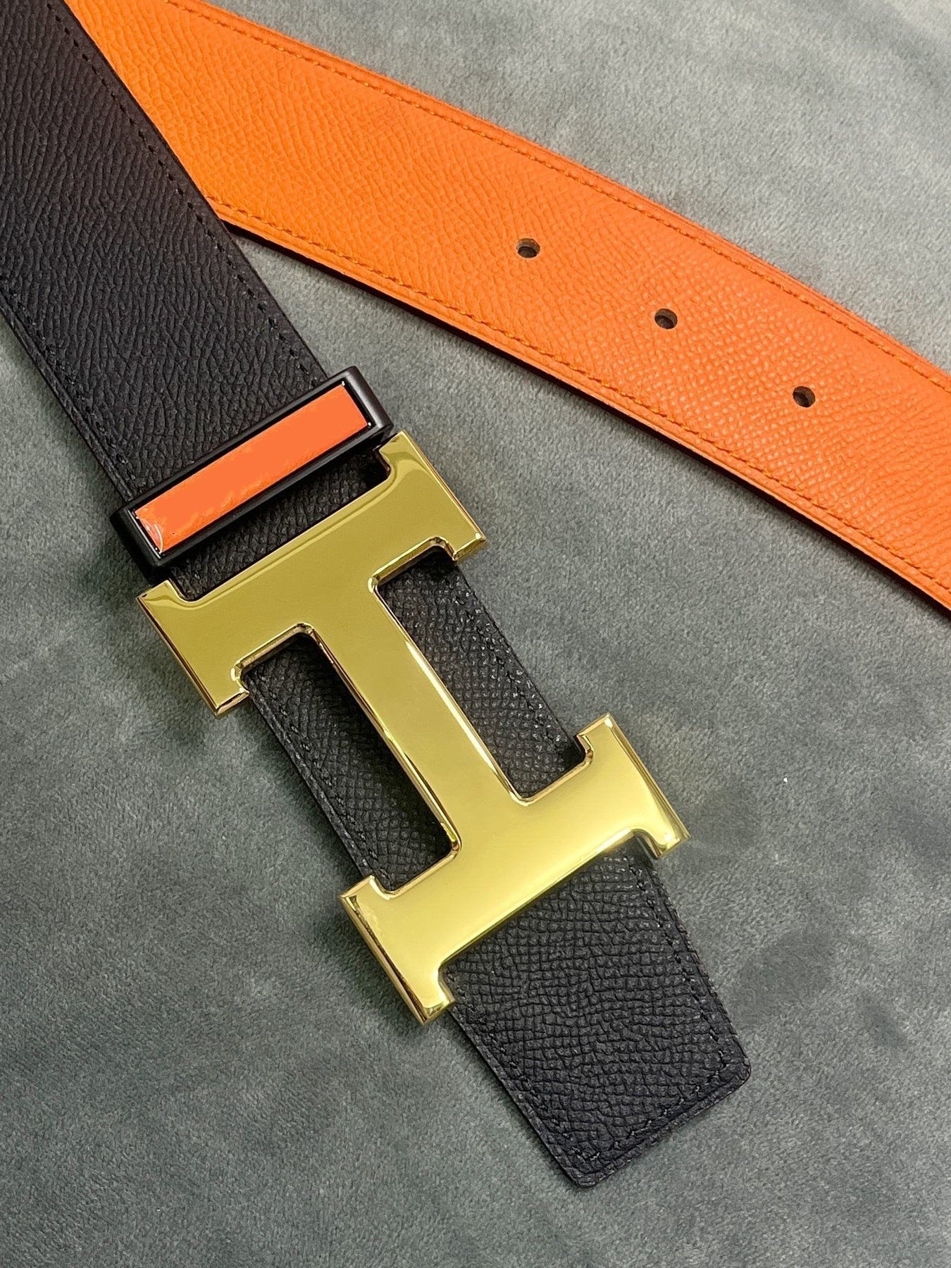 H BELT GOLD BUCKLE 38 MM SMOOTH ORANGE LEATHER REVERSIBLE