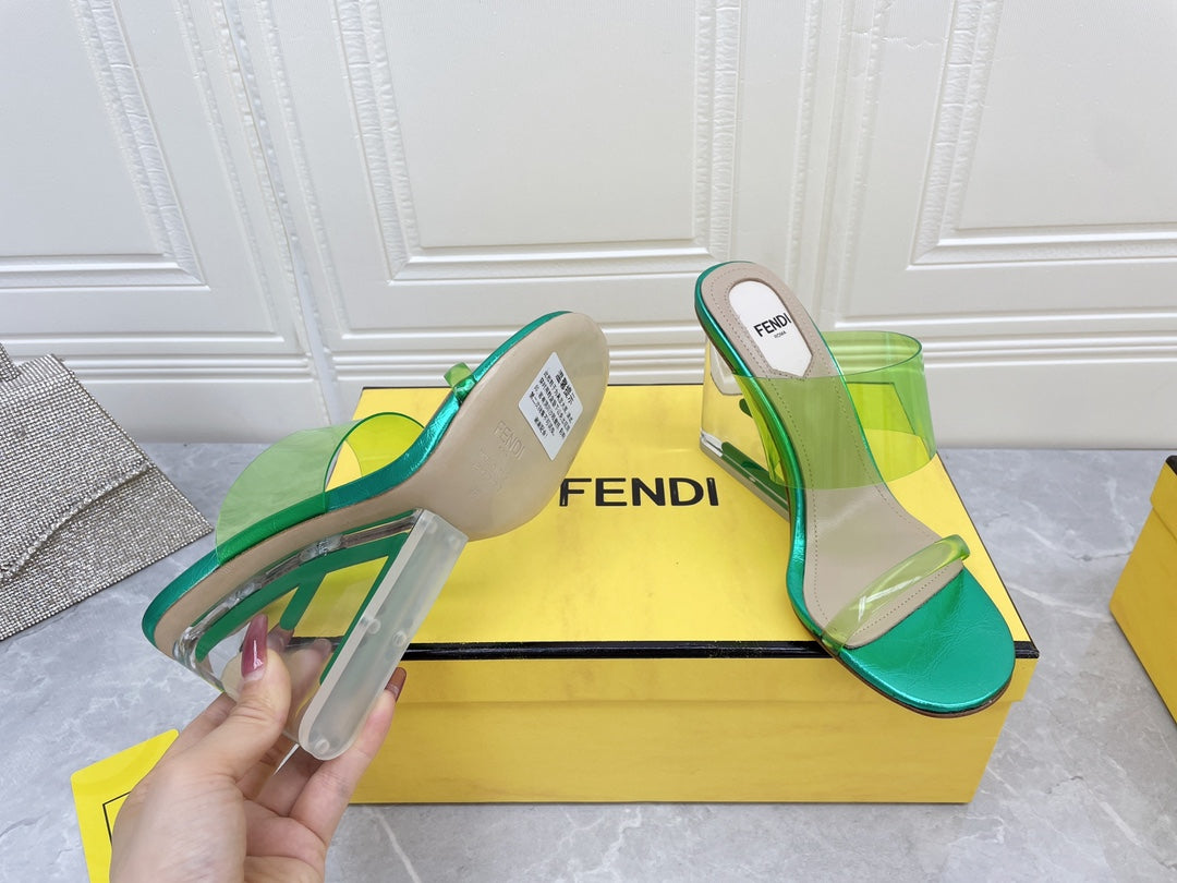 FENDI FIRST 95 MM HIGH-HEELED SANDAL IN GREEN FERN TPU FILM AND LAMBSKIN