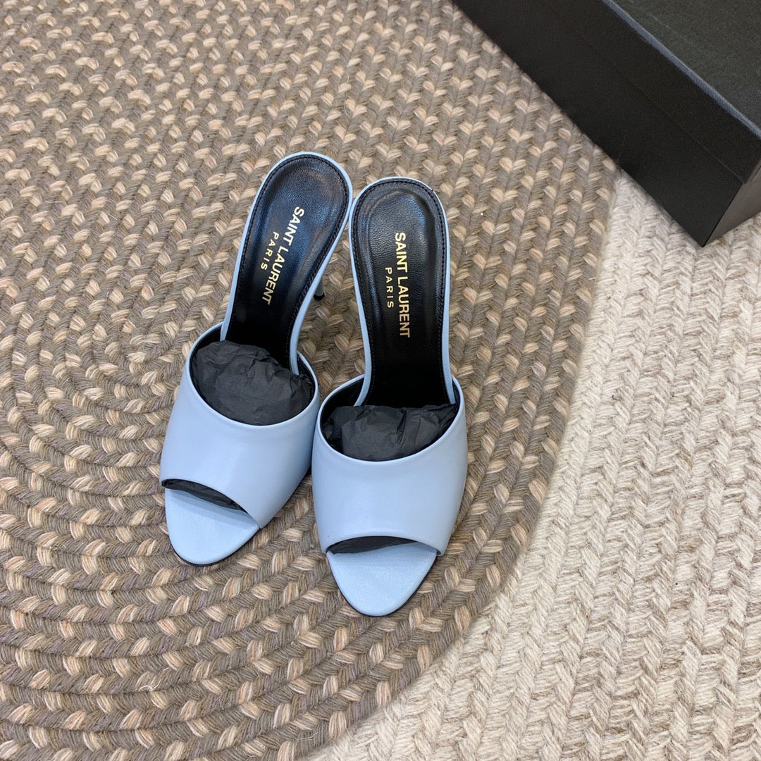 LA 16 HEELED MULES IN SKY BLUE SMOOTH LAMBSKIN