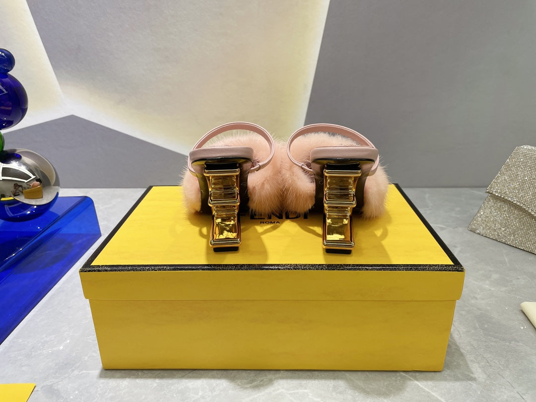 FENDI FIRST HIGH HEEL 95 MM SANDAL IN LIGHT PINK MINK FUR