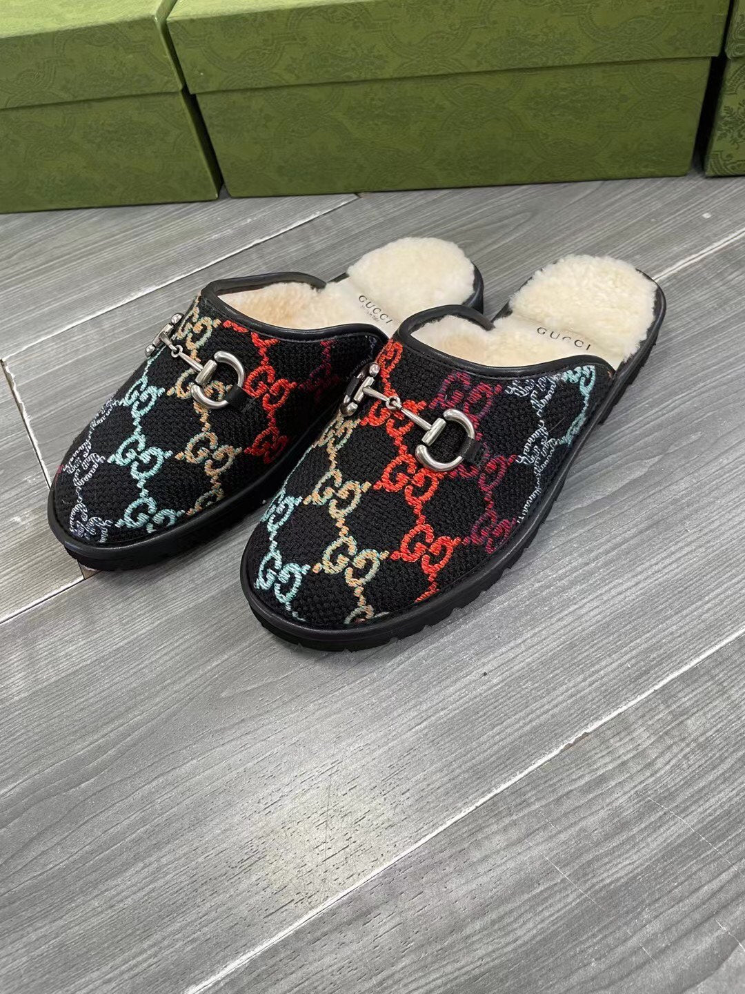 GG SUPREME MULE IN COLORFUL CANVAS AND WOOL LINING