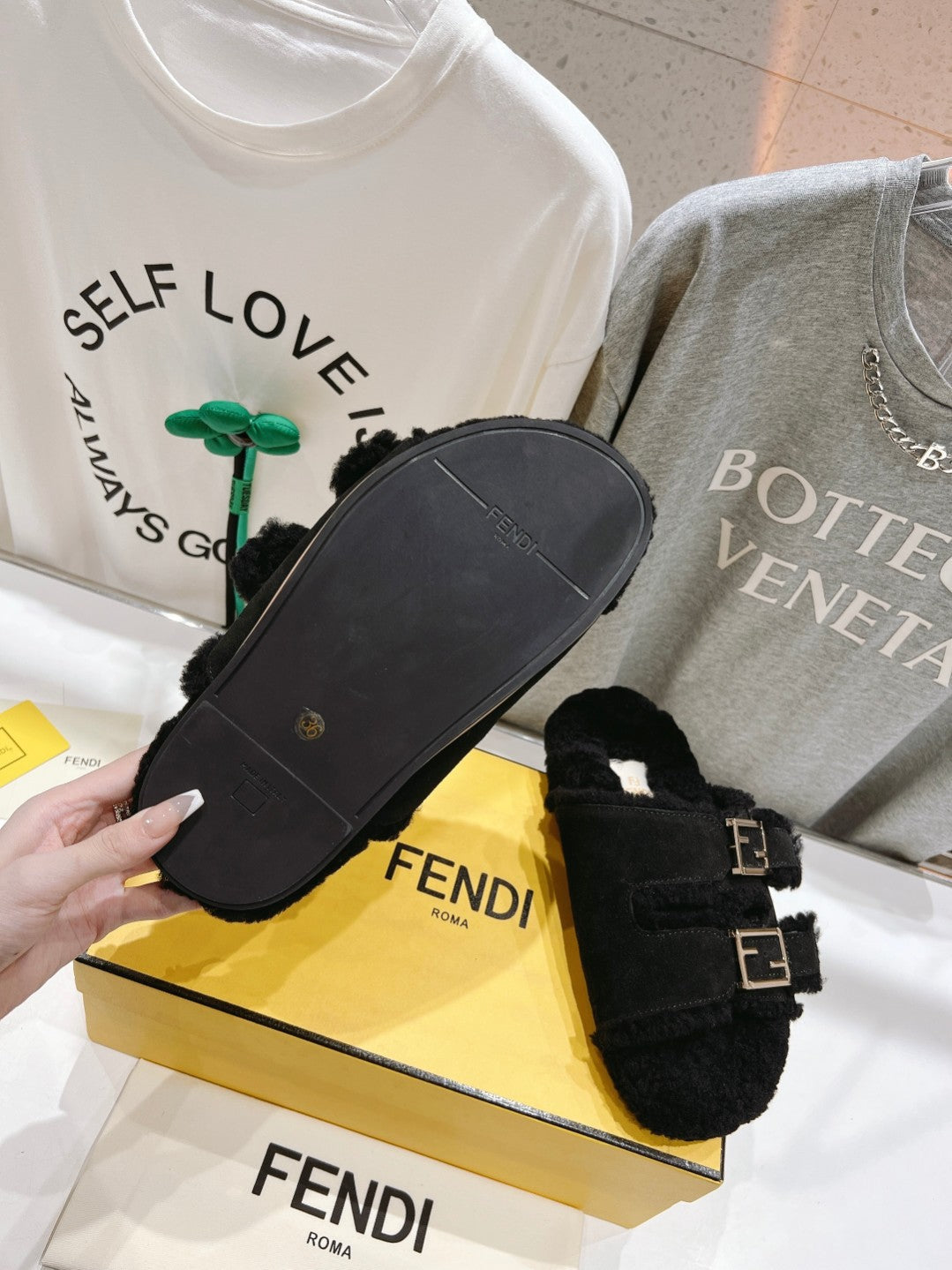 FENDI DAD SANDAL MULE IN BLACK SUEDE WITH FLEECE WITH GOLD HARDWARE