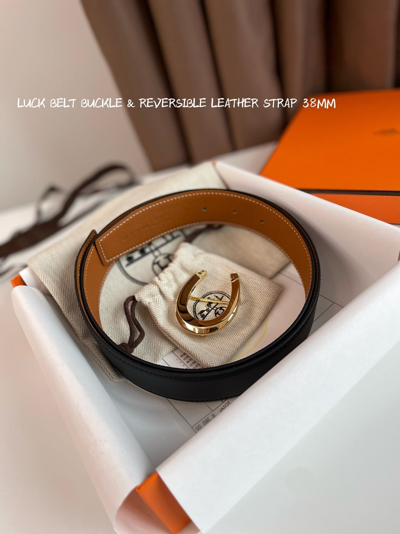 LUCK BELT BUCKLE & REVERSIBLE GINGER ORANGE LEATHER STRAP 38MM GOLDEN HARDWARE