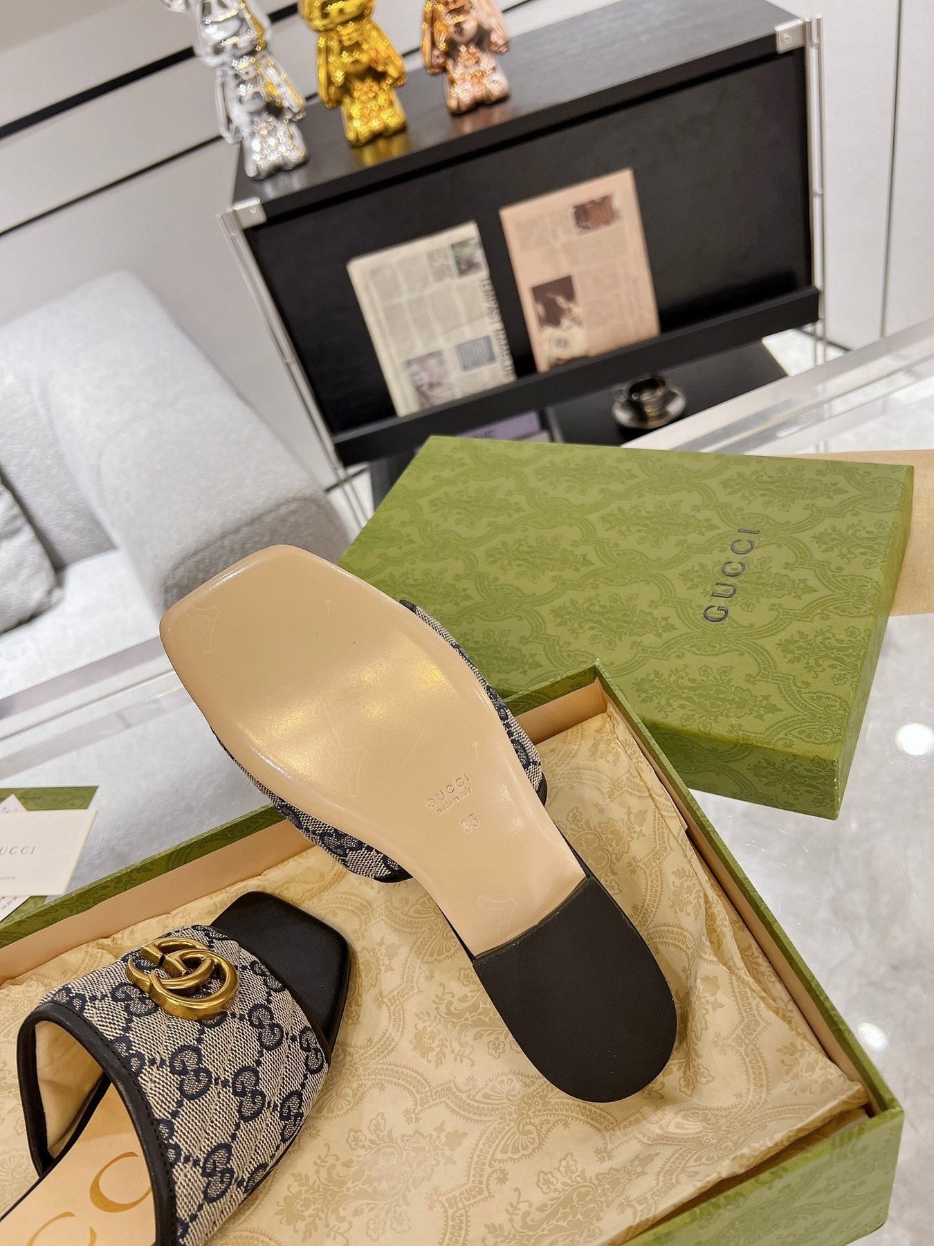 GG EXCLUSIVE SLIDE SANDAL BLACK AND CHARCOAL FABRIC