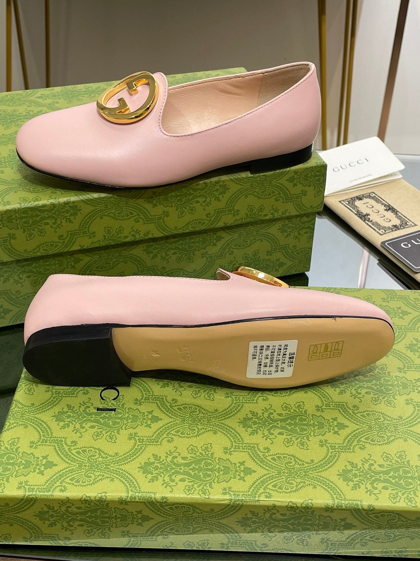 BLONDIE LOGO-PLAQUE LOAFERS IN LIGHT PINK CALFSKIN WITH GOLD HARDWARE