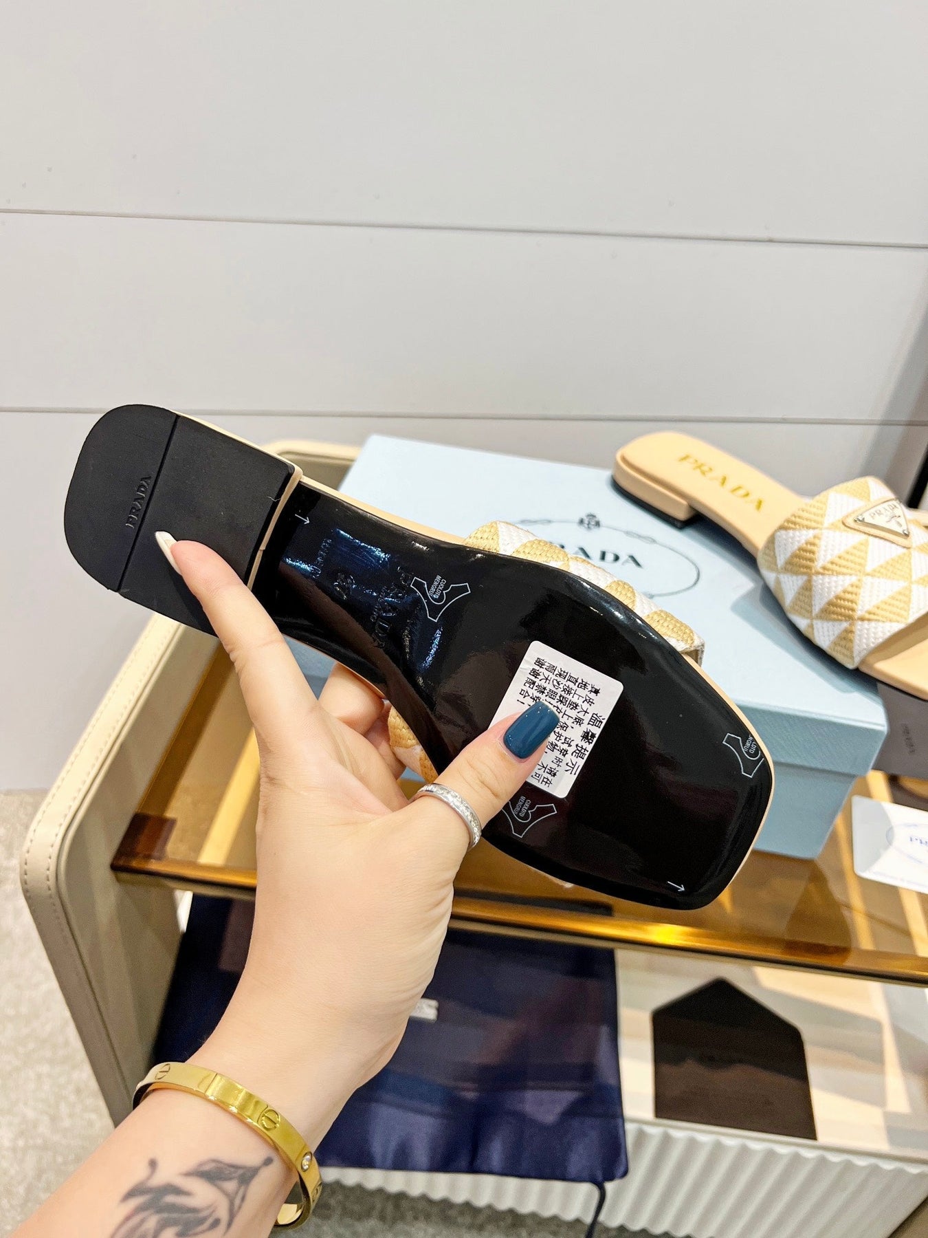 PRA EMBROIDERED SLIDES FLAT BEIGE FABRIC