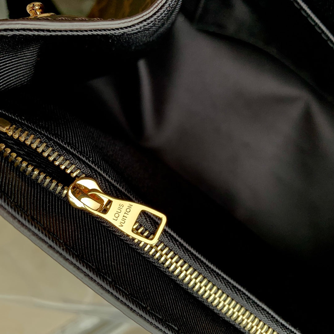 CLUNY MM HANDBAG 33 IN BROWN MONOGRAM CALFSKIN BEIGE BLACK EMBROIDERED LOGO CANVAS