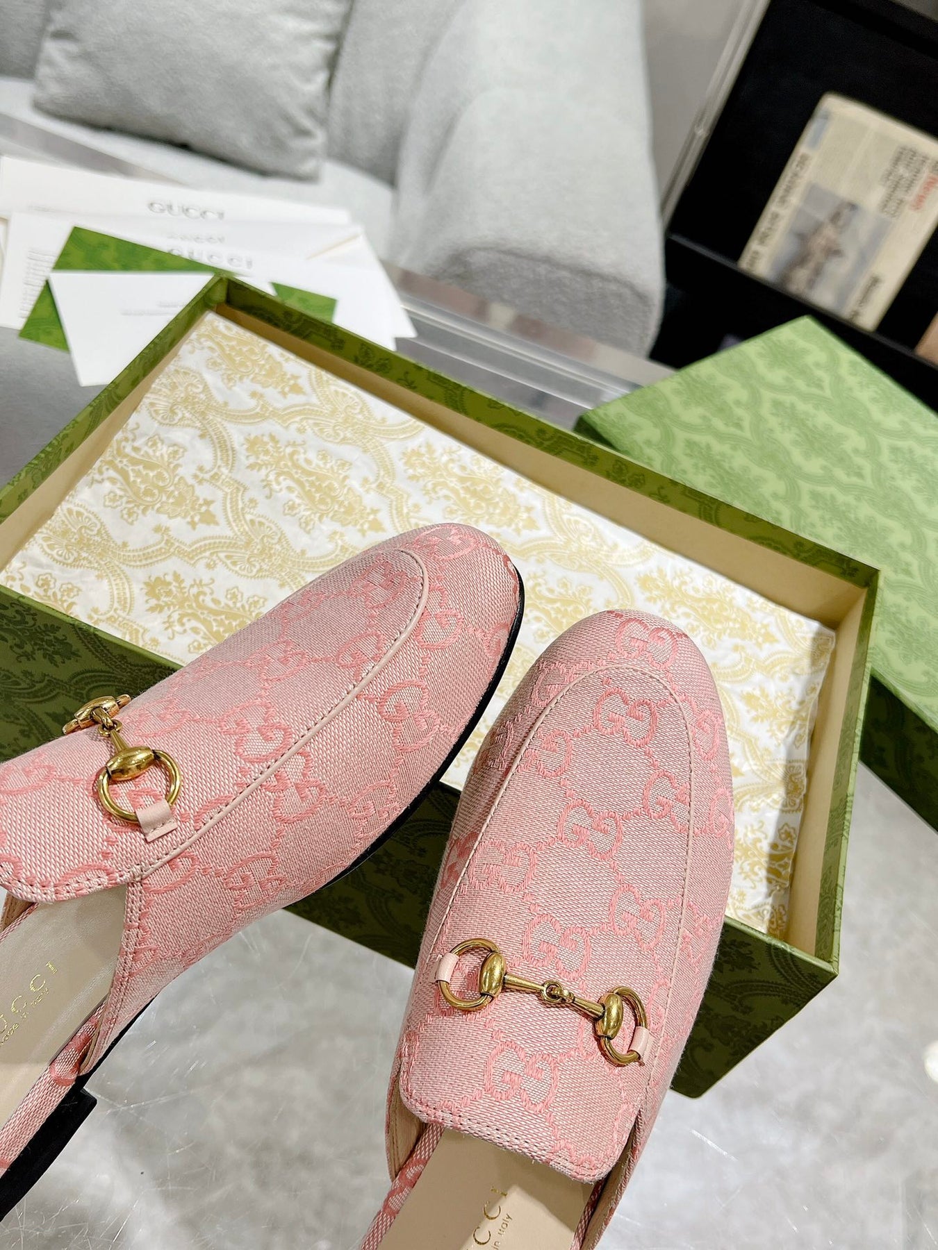 MEN'S MULE WITH HORSEBIT IN PINK PASTEL MONOGRAM JACQUARD FABRIC