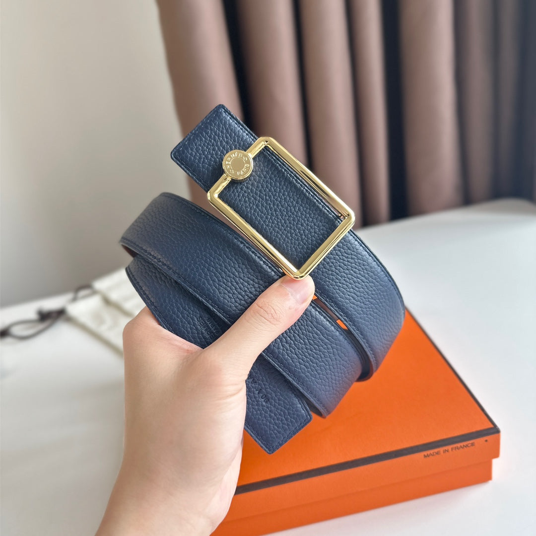 HM OSCAR BELT BUCKLE & REVERSIBLE BLACK AND AEGEAN BLUE LEATHER STRAP 38MM GOLD HARDWARE