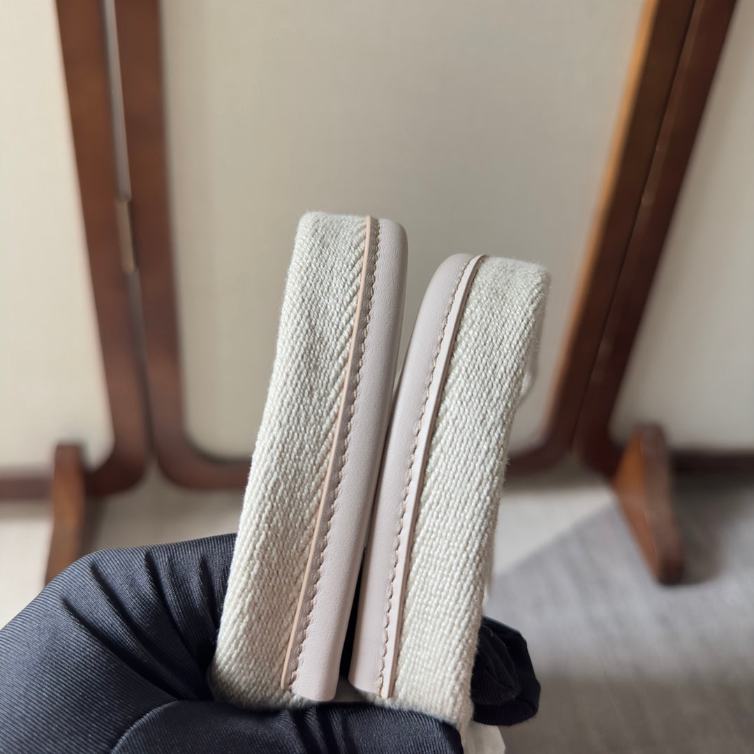 LAGRE WOODY TOTE BAG 45 IN BEIGE LINEN CANVAS WEBBING LOGO EMBROIDER COTTON WHITE CALFSKIN