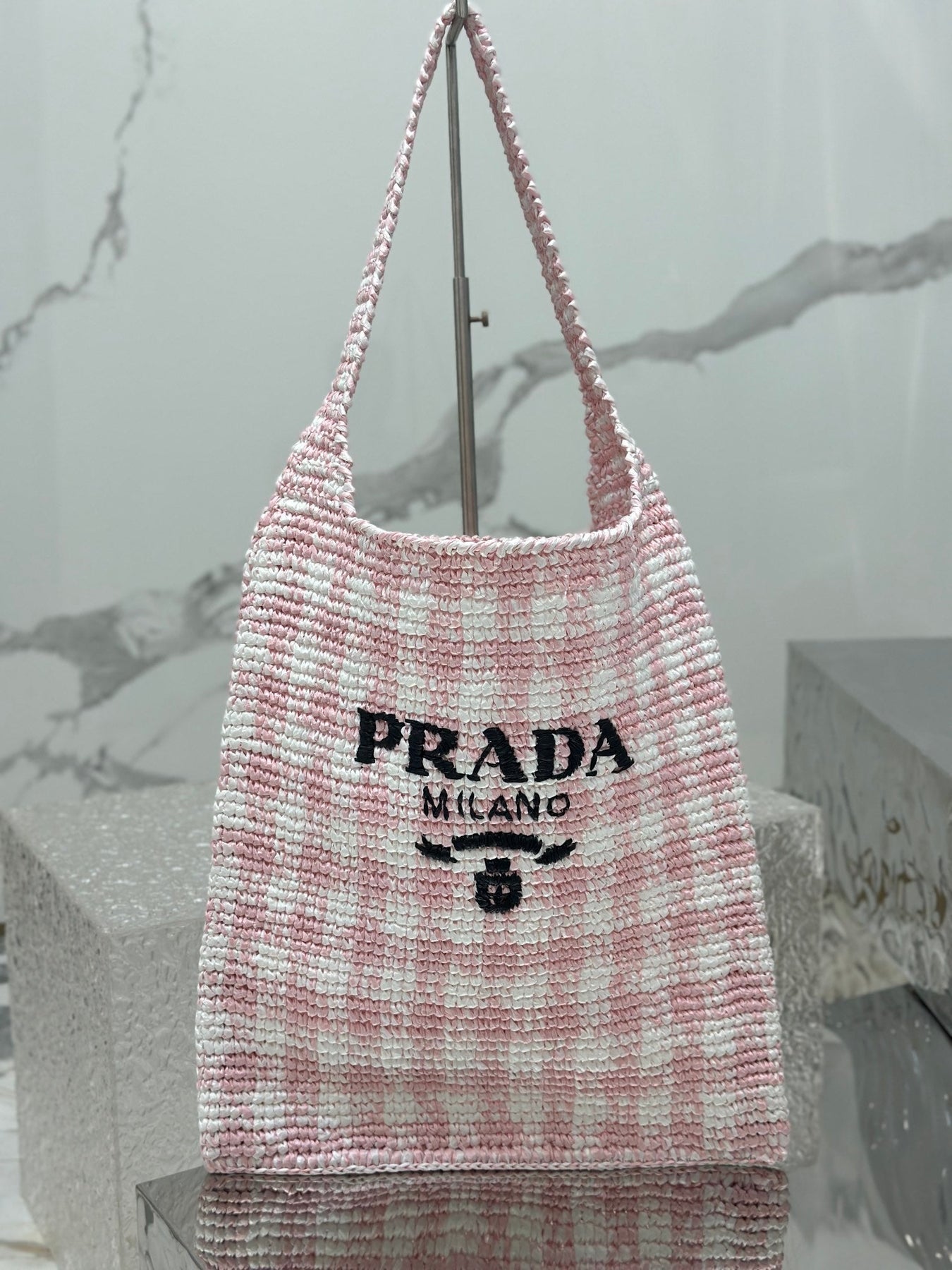 LARGE TOTE BAG 45 IN PINK MIX WHITE AND BLACK WOVEN RAFFIA
