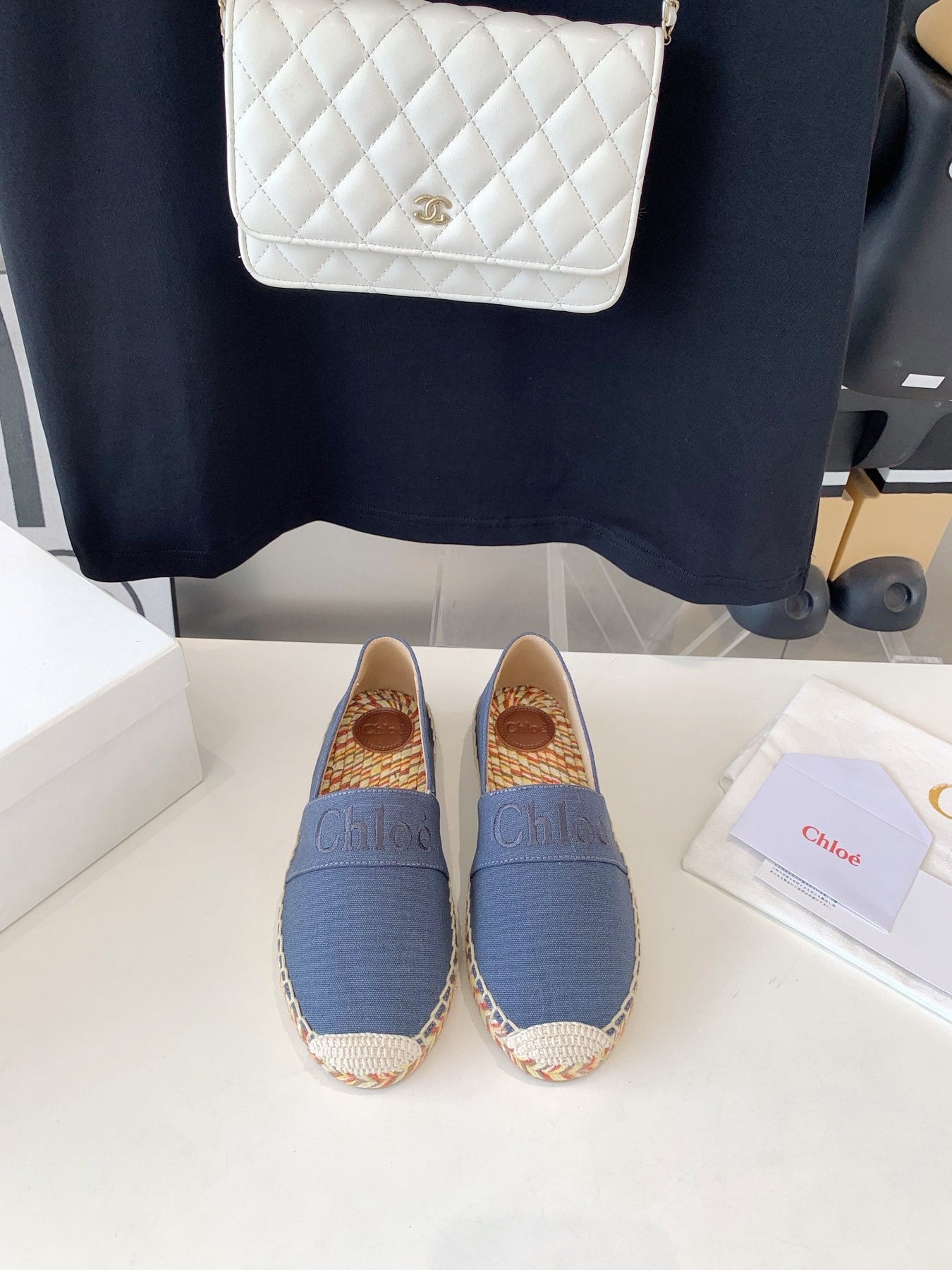 LOAFER SHOES IN PIGEON BLUE DENIM AND WOVEN RAFFIA