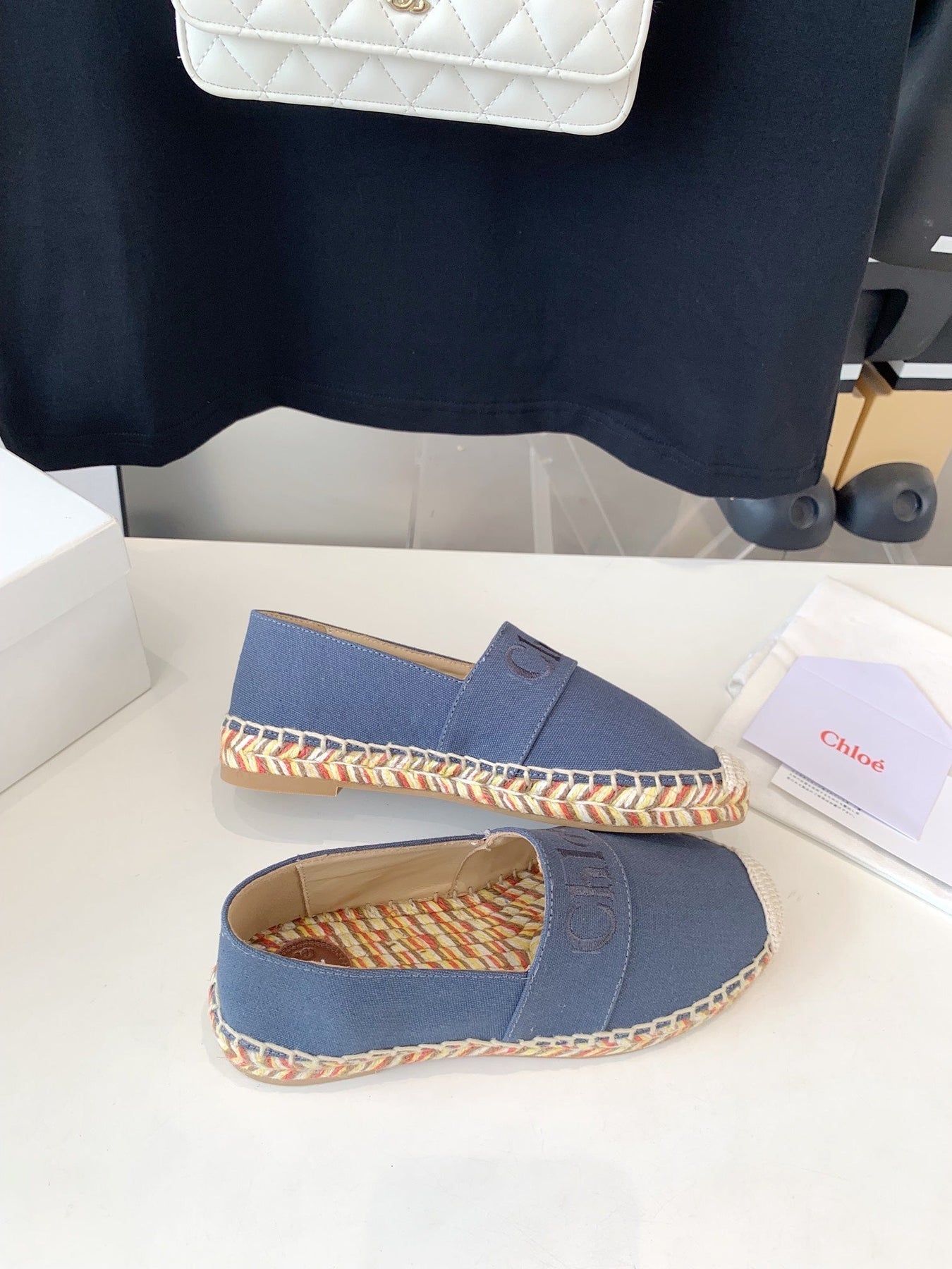 LOAFER SHOES IN PIGEON BLUE DENIM AND WOVEN RAFFIA