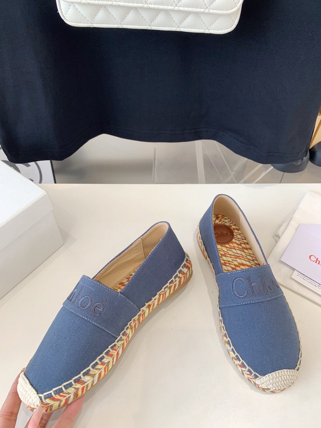 LOAFER SHOES IN PIGEON BLUE DENIM AND WOVEN RAFFIA