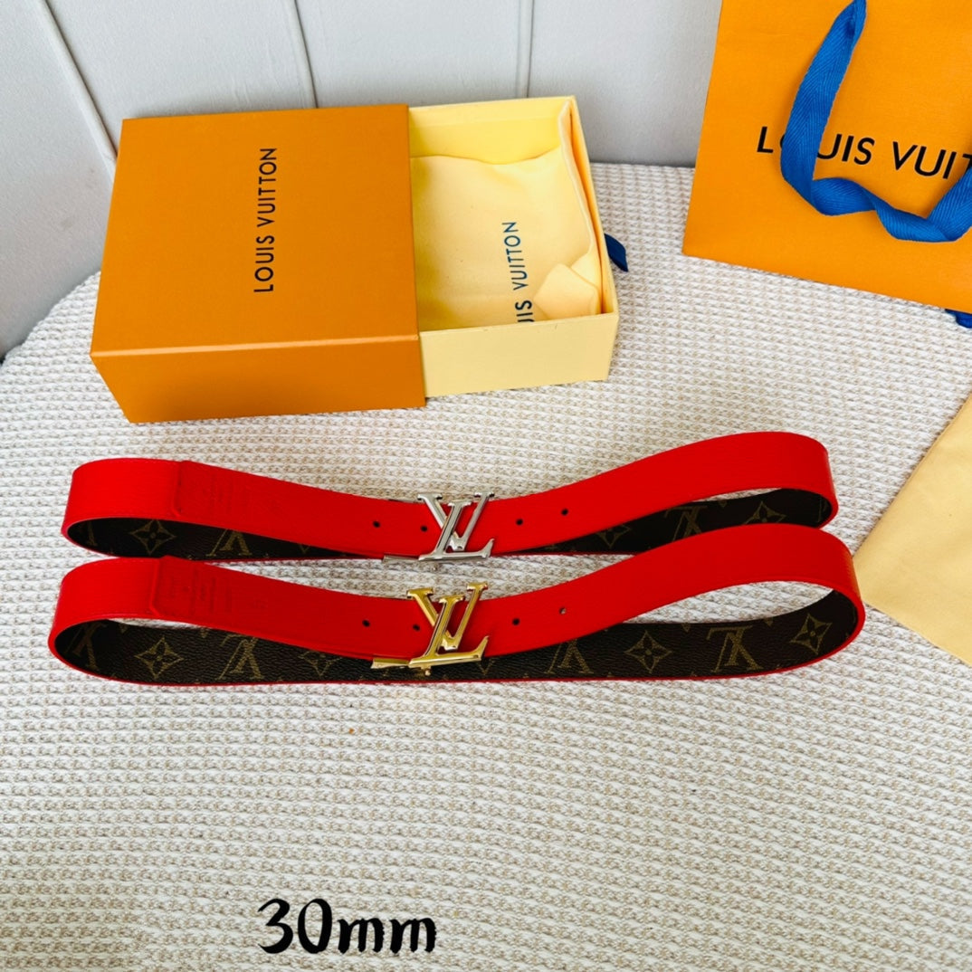 LV Initiales 30mm Reversible Belt Gold Rotating Buckle Red Brown Leather