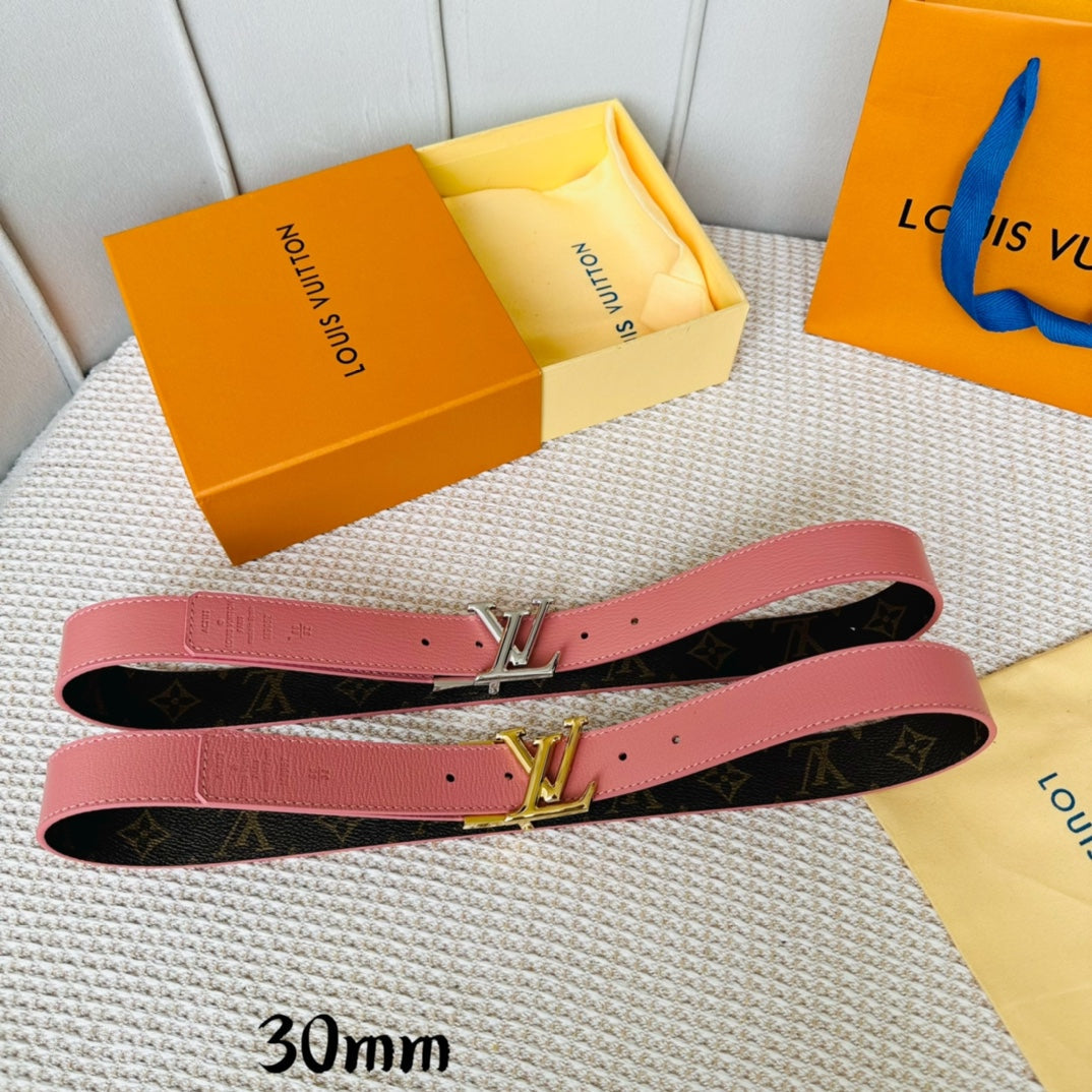 LV Initiales 30mm Reversible Belt Silver Rotating Buckle Pink Brown Leather