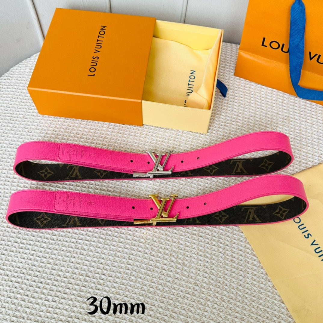 LV Initiales 30mm Reversible Belt Silver Rotating Buckle Hot Pink Brown Leather