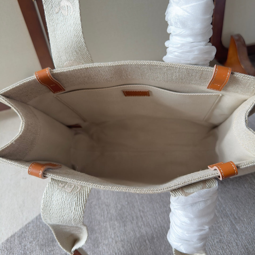 MEDIUM WOODY TOTE BAG 37 IN BEIGE LINEN CANVAS WEBBING LOGO EMBROIDERY BROWN CALFSKIN