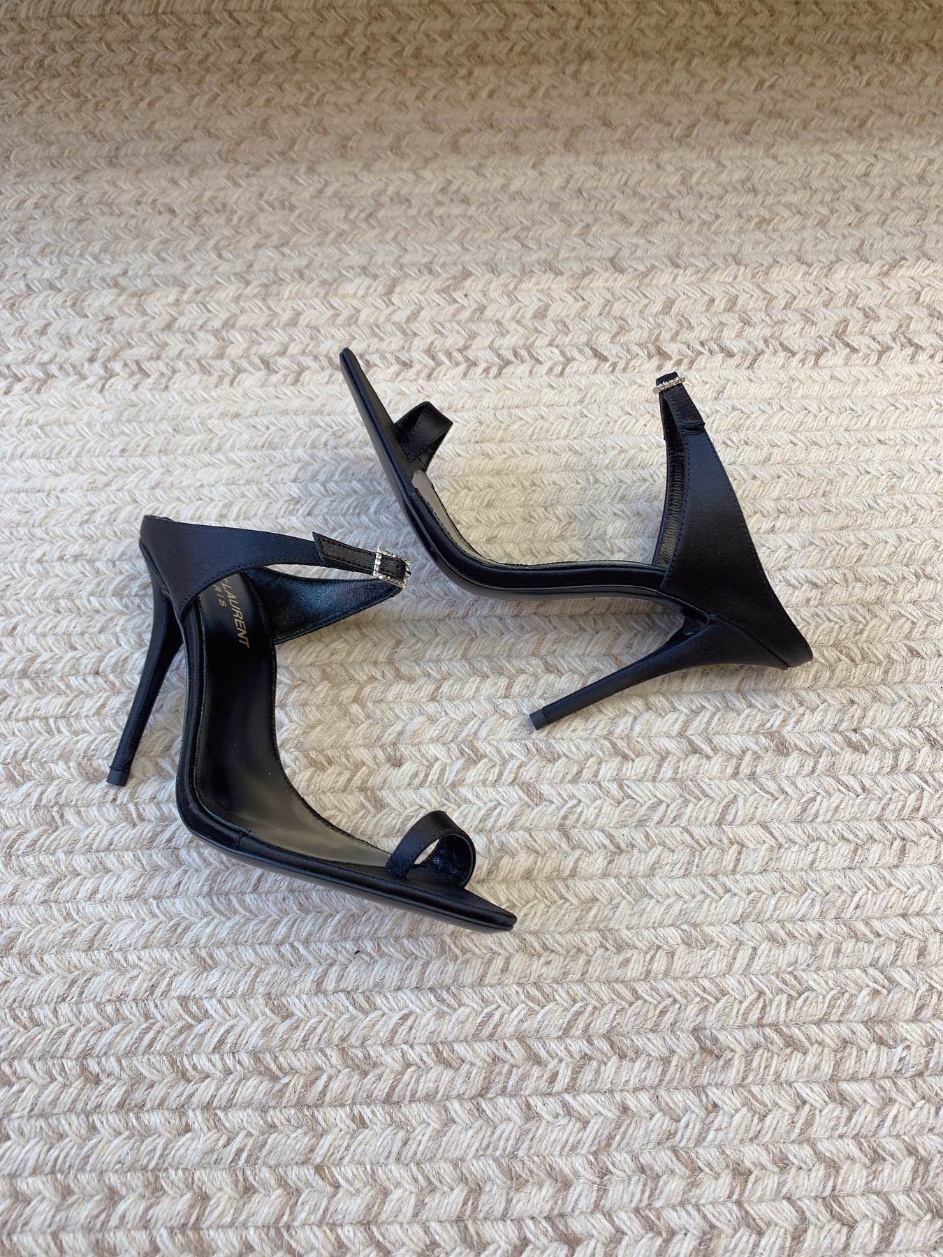 GAP CRYSTAL-BUCKLE SLIDE SANDALS IN BLACK SILK