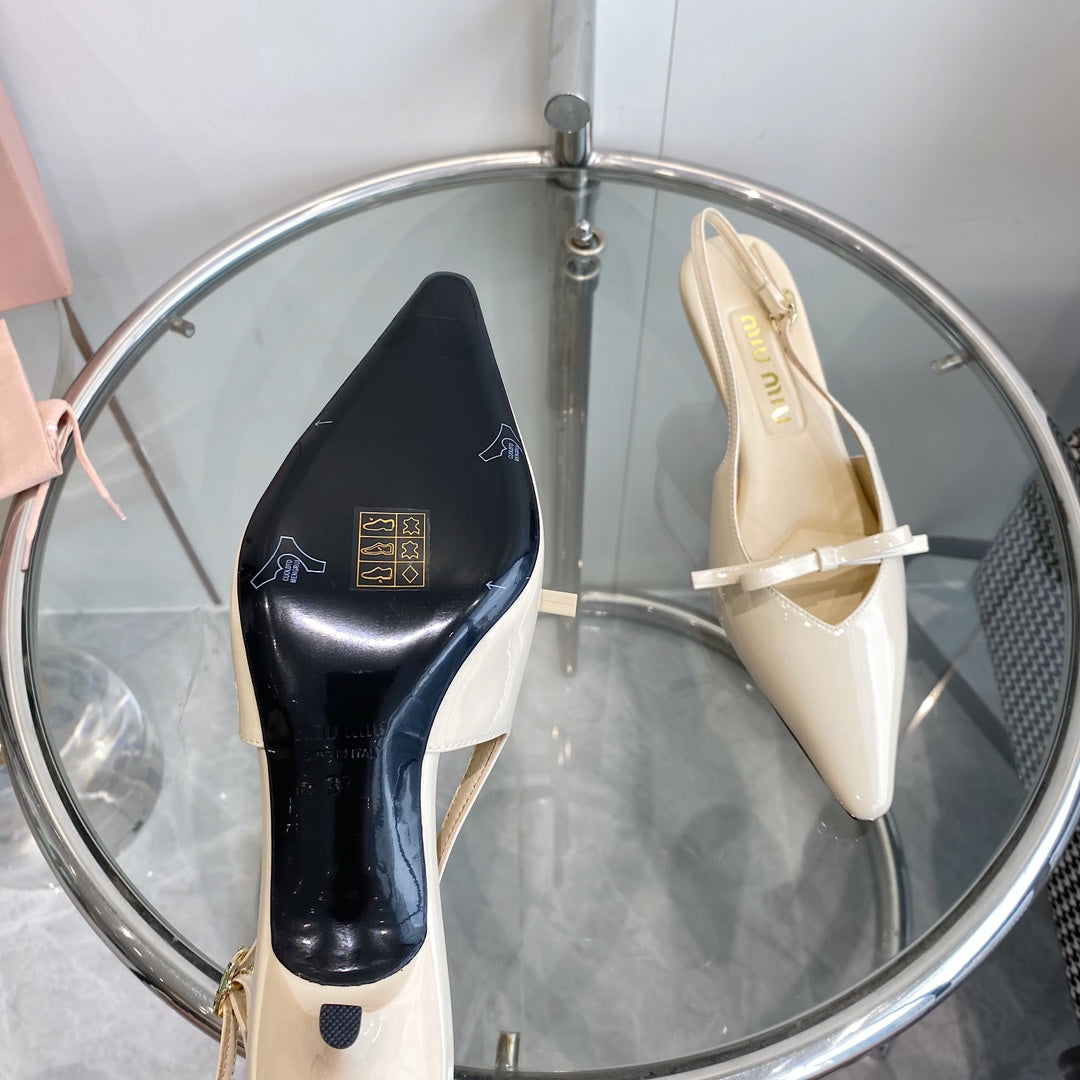 HIGH-SLINGBACK POINTED TOE SANDALS BEIGE COWHIDE WITH BOW