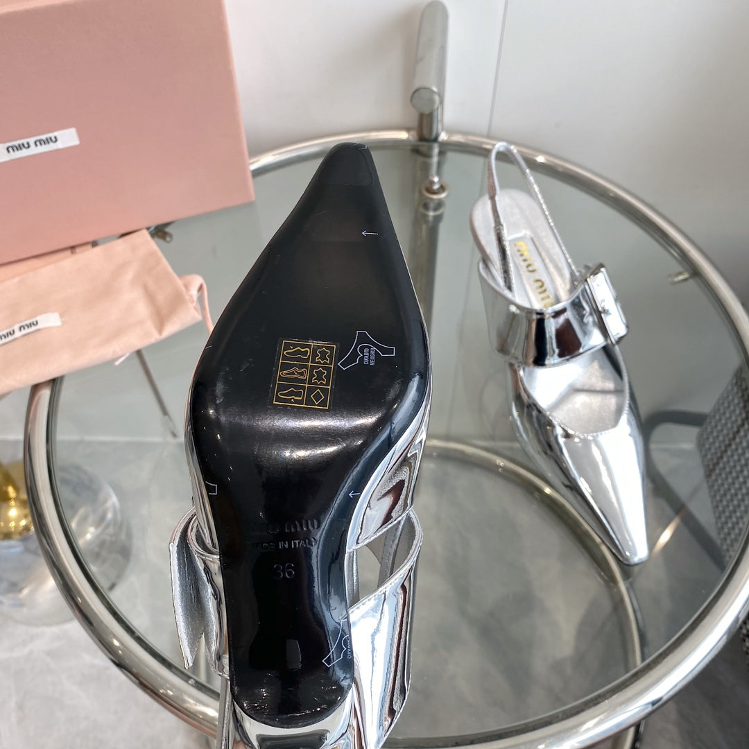 HIGH-SLINGBACK POINTED TOE SANDALS SILVER COWHIDE