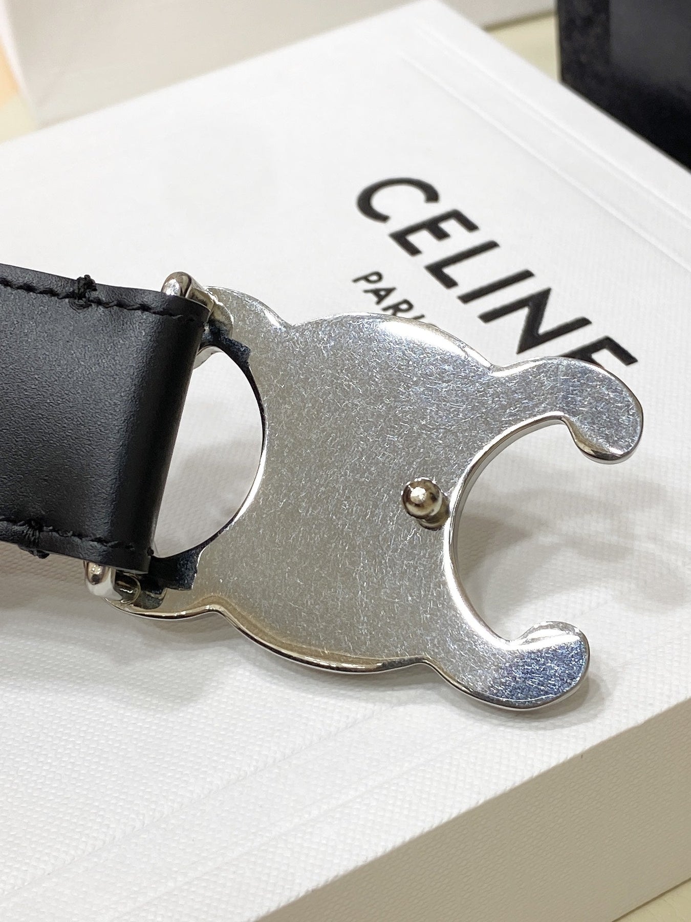 CL LARGE 30 MM TRIOMPHE BELT IN BLACK AND SILVER HARDWARE