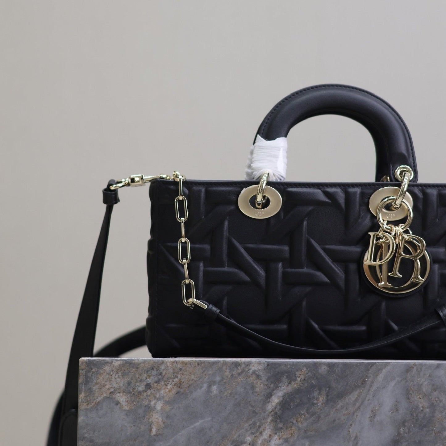 LADY D-JOY BAG 26 IN BLACK GRAPHIC CANNAGE CALFSKIN PALE GOLD-FINISH METAL CHARMS