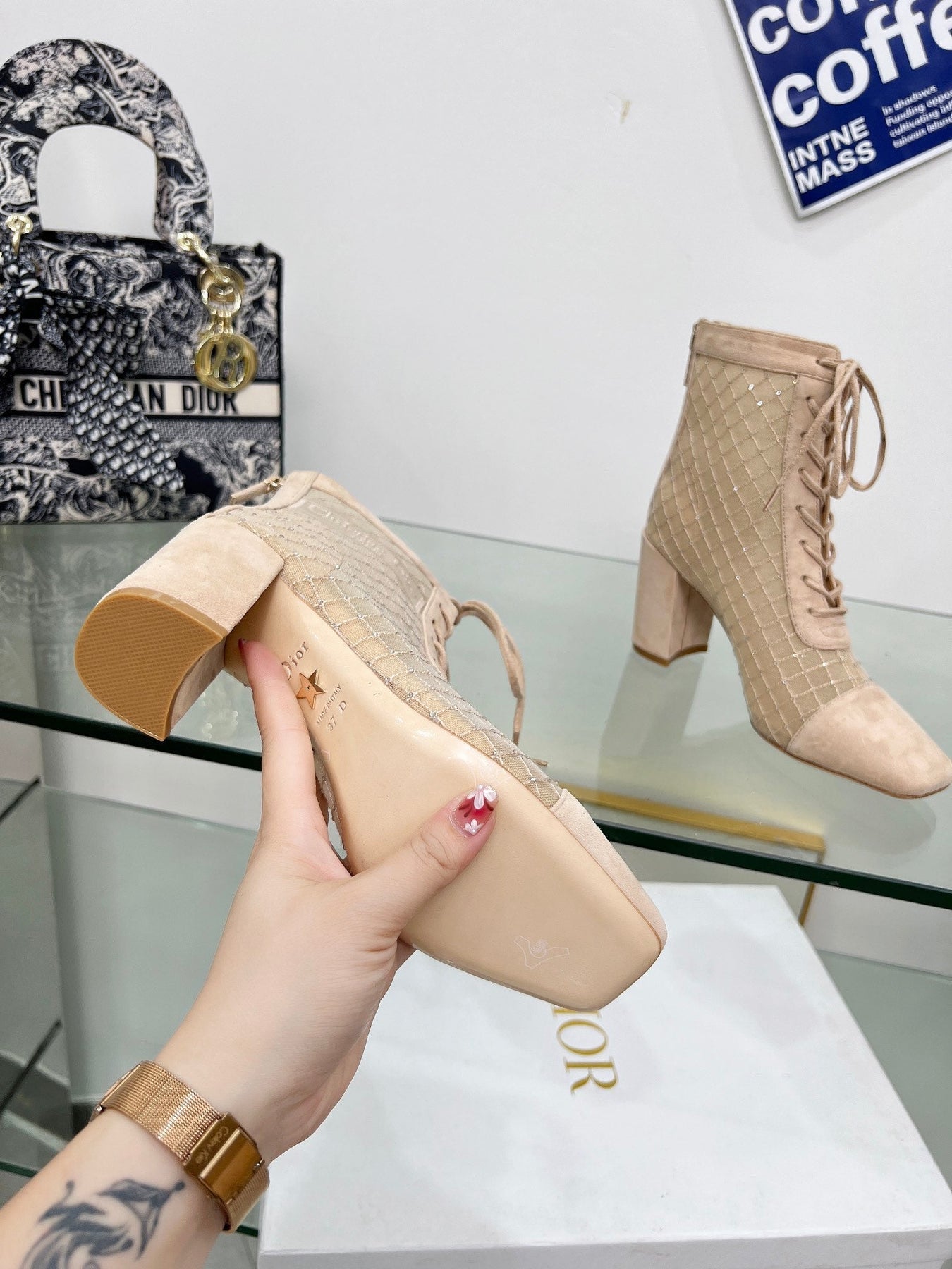 NAUGHTILY-D HEELED ANKLE BOOT IN BISQUE BEIGE EMBROIDERED MESH AND SUEDE 8 CM