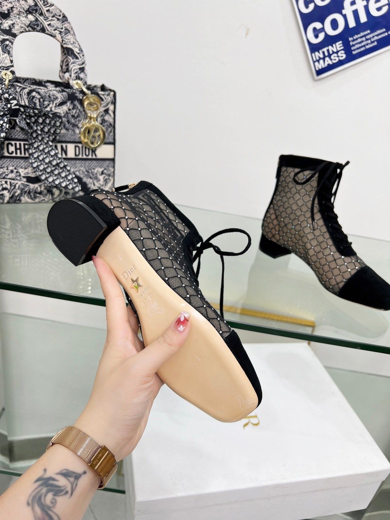 NAUGHTILY-D HEELED ANKLE BOOT IN BLACK EMBROIDERED MESH AND SUEDE 35 MM