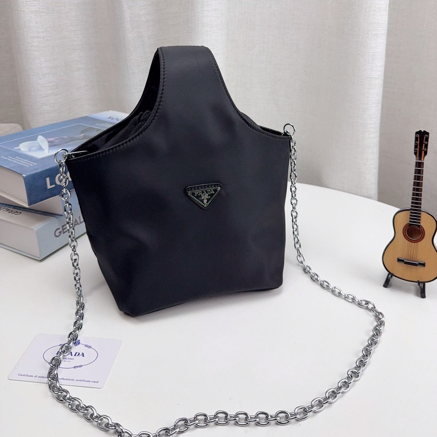 DRAWSTRING BUCKET BAG 20 IN BLACK RE-NYLON SILVER CHAIN
