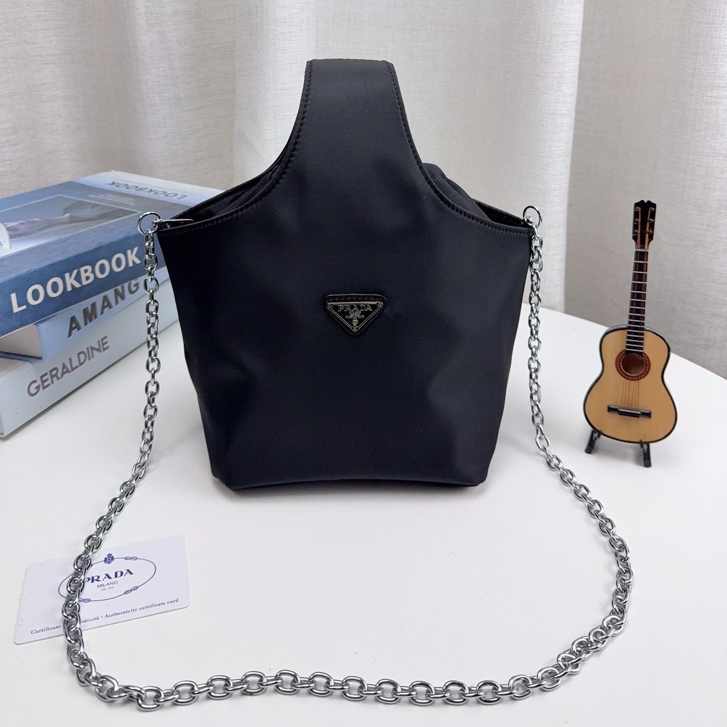 DRAWSTRING BUCKET BAG 20 IN BLACK RE-NYLON SILVER CHAIN