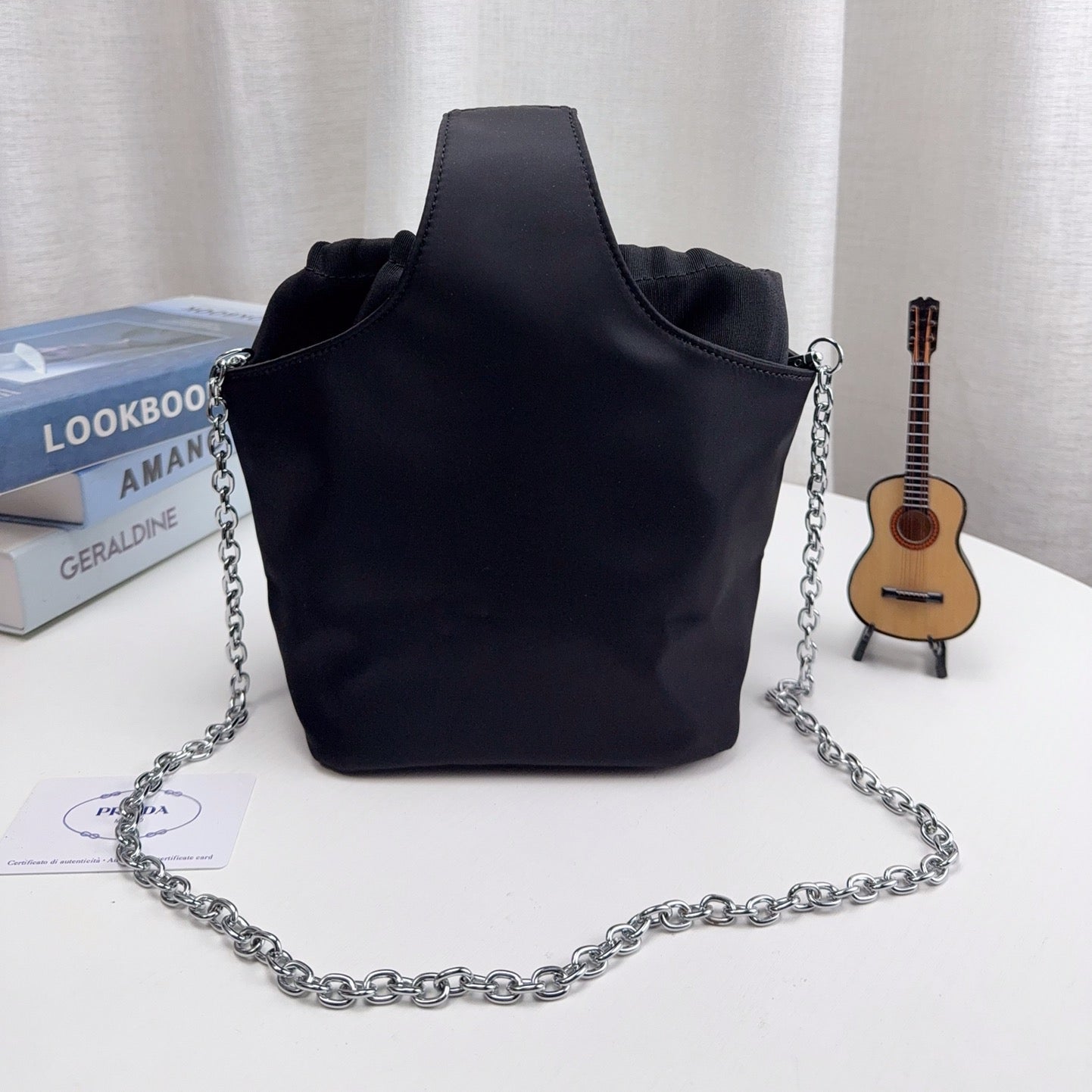 DRAWSTRING BUCKET BAG 20 IN BLACK RE-NYLON SILVER CHAIN