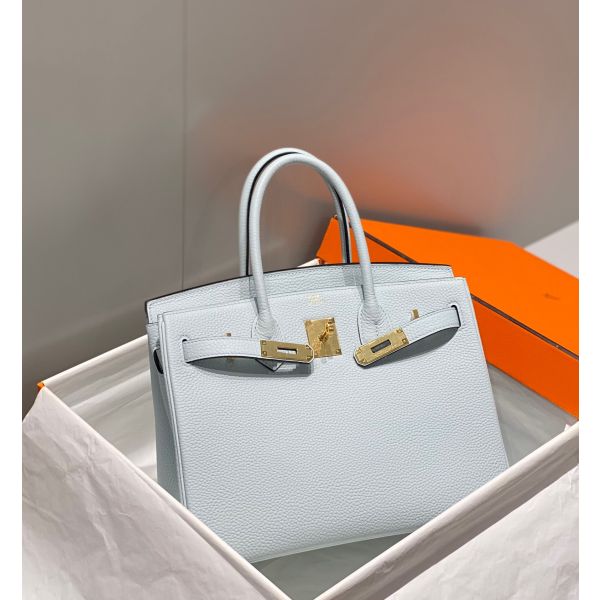 HERM Birkin 30cm Bag In Blue Brume Clemence Leather GHW