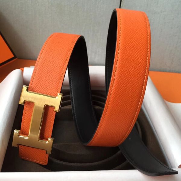 HERM H Belt Buckle & Orange Epsom 32 MM Strap