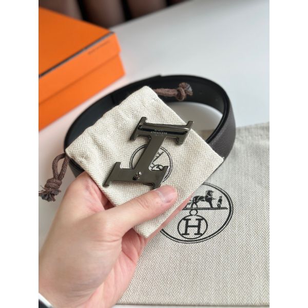 HERM H Speed Reversible Belt 32MM in Chocolate Clemence Leather