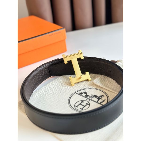 HERM H Reversible Belt 32MM in Chocolate Clemence Leather