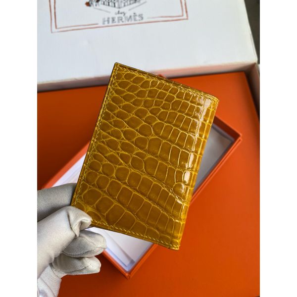 HERM MC² Euclide Card Holder in Jaune Ambre Shiny Alligator Leather