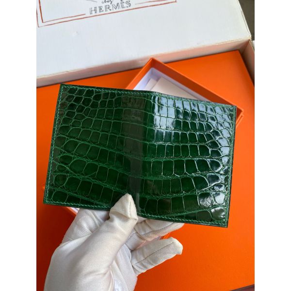 HERM MC² Euclide Card Holder in Vert Emeraud Shiny Alligator Leather