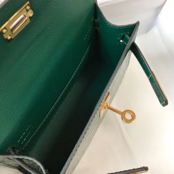 HERM Kelly Mini II Bag In Green Embossed Crocodile Leather