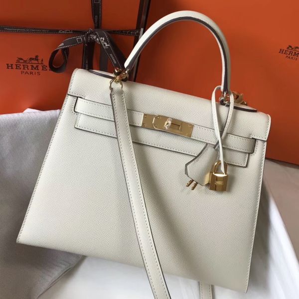 HERM Kelly 28cm Bag In White Epsom Leather GHW